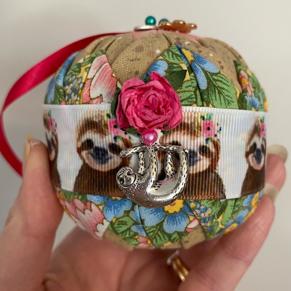 Floral Sloth Handmade Quilted Holiday Ornament with Charms and Decor one of kind